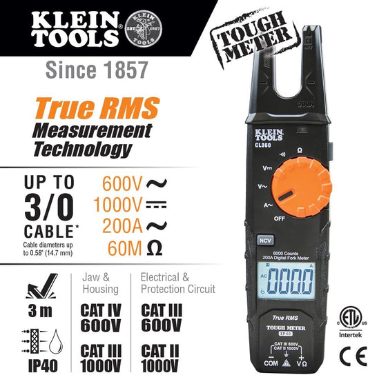 KLEIN TOOLS CL360 멀티미터 오픈 조 포크 TRMS AC 전류 측정 3/0 케이블 2번 사진