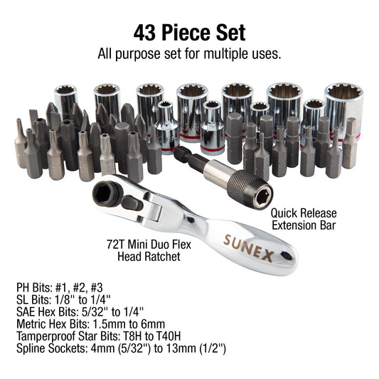 Sunex Tools 미니 라쳇 비트 세트 1/4인치 드라이브 9726·9732 트루팀버 칼라 케이스 72톱니 소켓 2번 사진