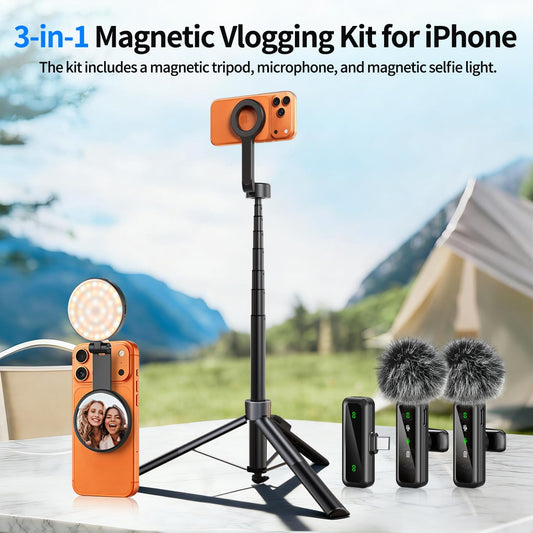 yAyusi 3-in-1 마그네틱 브이로그 키트 아이폰·안드로이드용 71인치 셀카봉 조명 마이크 삼각대 2번 사진