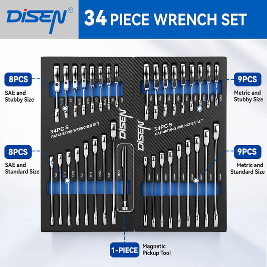 DISEN 래칫 렌치 34개 세트 CR-V 스테인리스 플렉스헤드 스터비 포함 + 마그네틱 픽업 도구 2번 사진