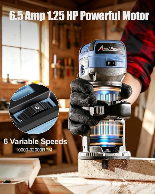 AVID POWER 콤팩트 라우터 6.5 Amp 1.25 HP 목공용 고정 베이스 6단 변속 트림 라우터 비트 포함 2번 사진