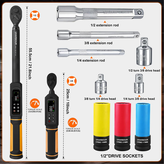 Uharbour 디지털 토크 렌치 세트 3/8 드라이브 1.5-99.5 ft-lbs./6.8-135Nm 2번 사진