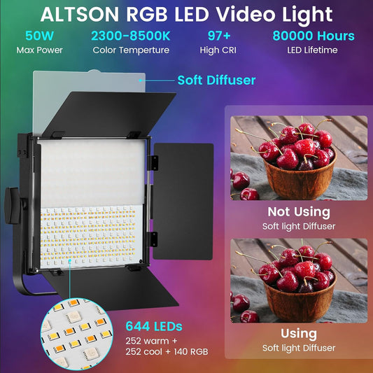 ALTSON RGB 사진 조명 키트 50W 2300K-8500K 2팩 삼각대 포함 LED 스튜디오 조명 2번 사진