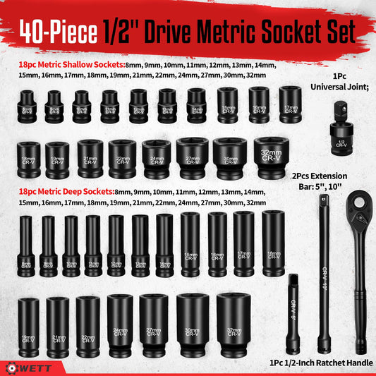WETT 1/2인치 드라이브 메트릭 임팩트 소켓 세트 6포인트 8-32mm 라쳇 2번 사진