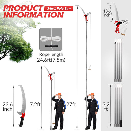 Suchtale 7.6m(27피트) 폴 톱 나무 전지가위 8단 fiberglass 연장 3in1 높은 가지용 2번 사진