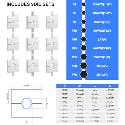 Solsop 유압식 압착기 10 Ton 9종 육각 다이 12–2/0 AWG 4번 사진
