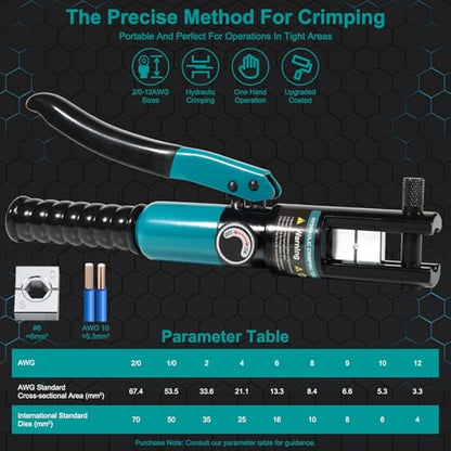 Brileine 유압 압착 공구 12 AWG-2/0 AWG 육각 다이 9개 배터리 케이블 압착기 4번 사진