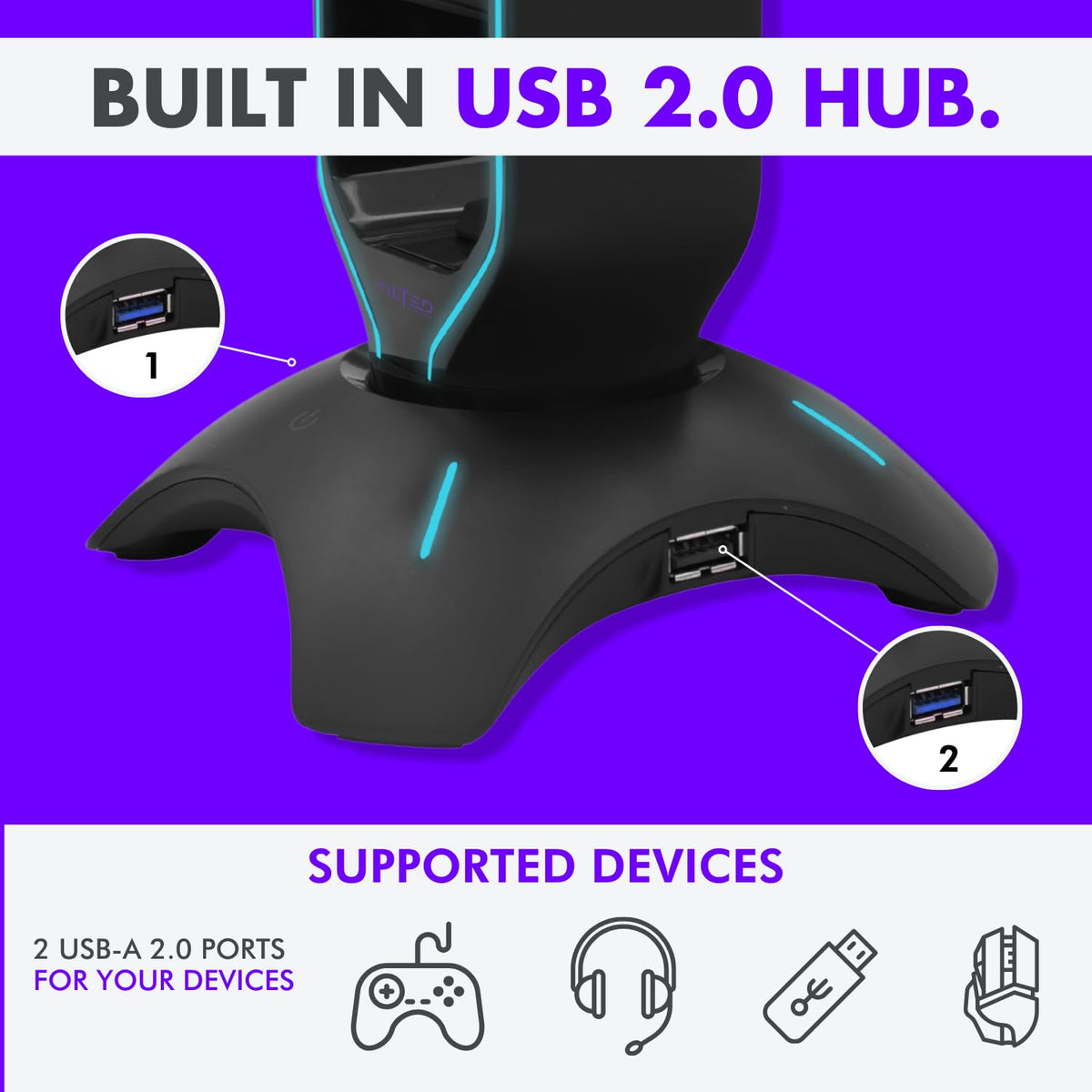 Tilted Nation RGB 헤드셋 스탠드 마우스 번지 2포트 USB 3.0 허브 게이밍 거치대 3번 사진