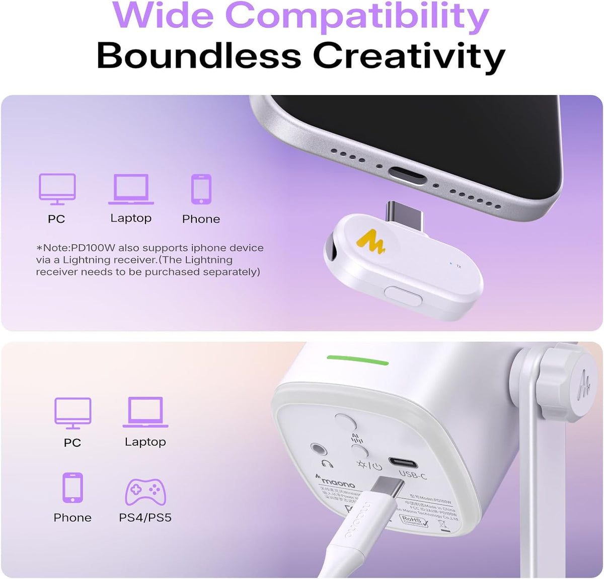 MAONO 무선 게이밍 마이크 PD100W USB-C 리시버 다이나믹 PC 마이크 4번 사진