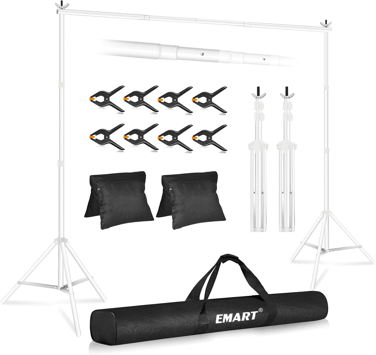 EMART BS2030-W 스튜디오 배경 삼각대 10x7ft 알루미늄 조절형 2 크로스바 8 클램프 2 샌드백 포함 1번 사진