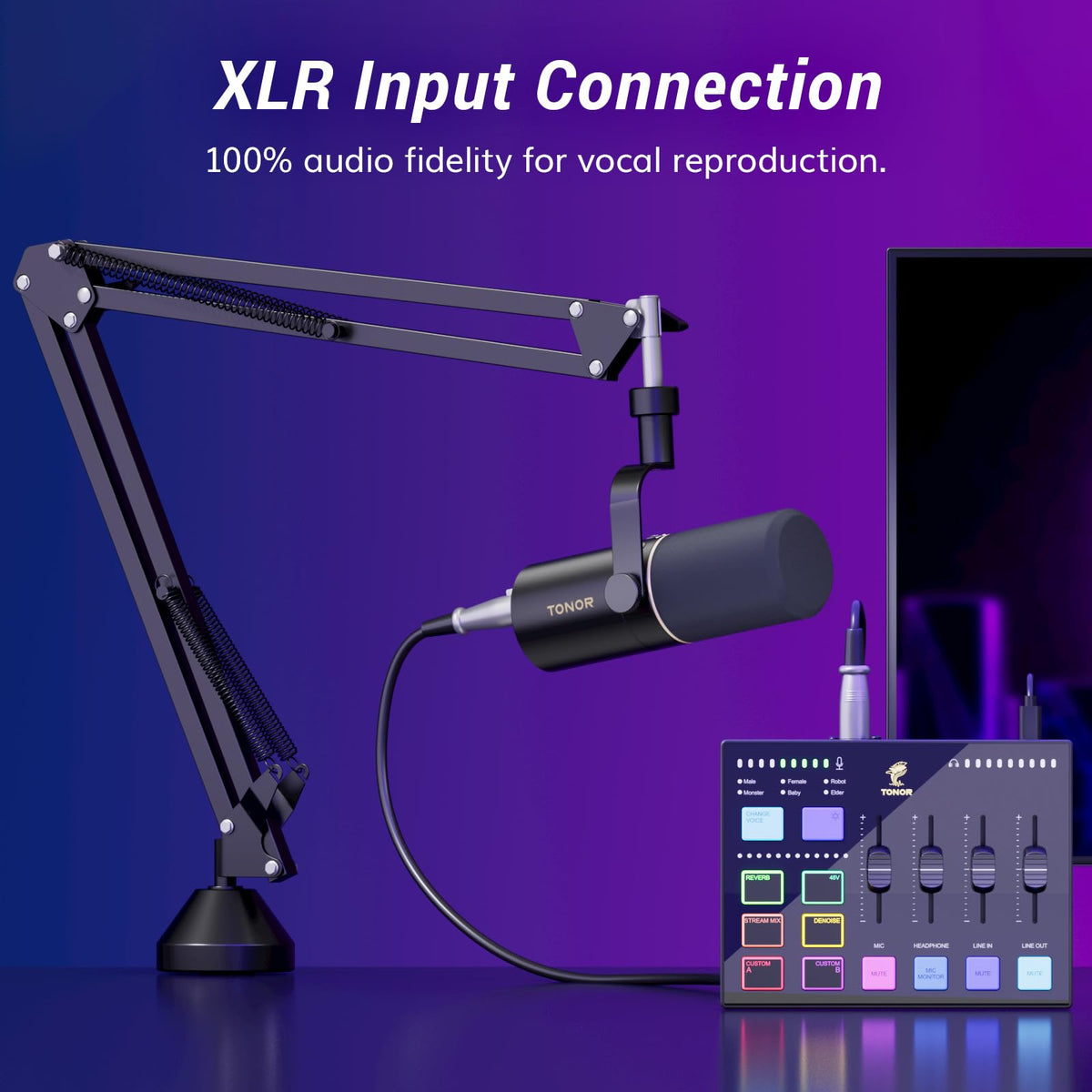 TONOR E7 다이내믹 팟캐스트 마이크 키트 XLR/USB 단일지향성 AI 소음 제거 탭 음소거 헤드폰 단자 2번 사진