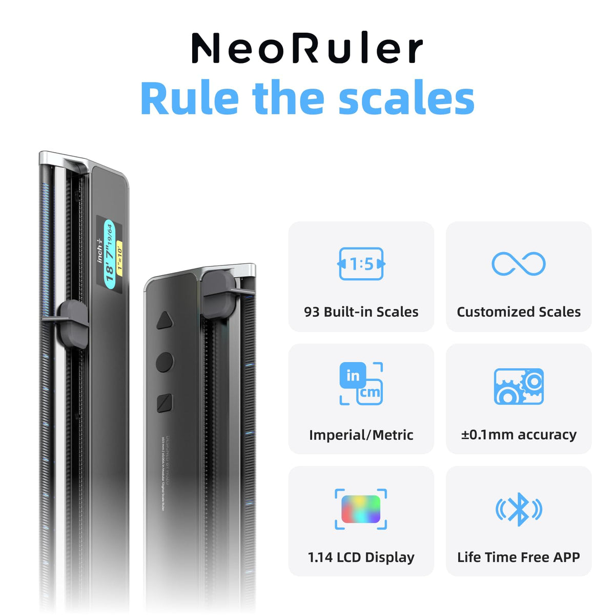 HOZO NeoRuler 디지털 스케일 자 12인치 스마트 눈금자 ±0.004인치 정확도 93종 내장 스케일 3번 사진
