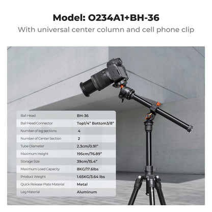 K&F CONCEPT 카메라 삼각대 44-195cm 28mm 볼헤드 4번 사진