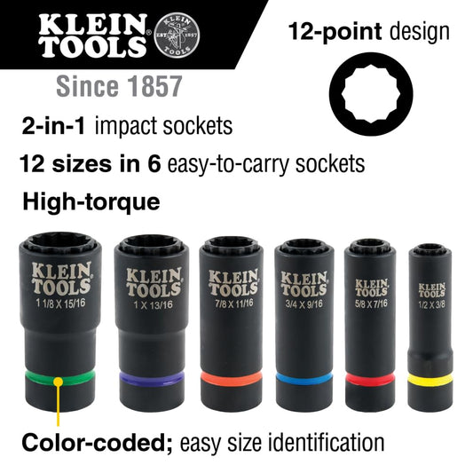 KLEIN TOOLS 2-in-1 SAE 임팩트 소켓 세트 6피스 12각 딥 소켓 2번 사진