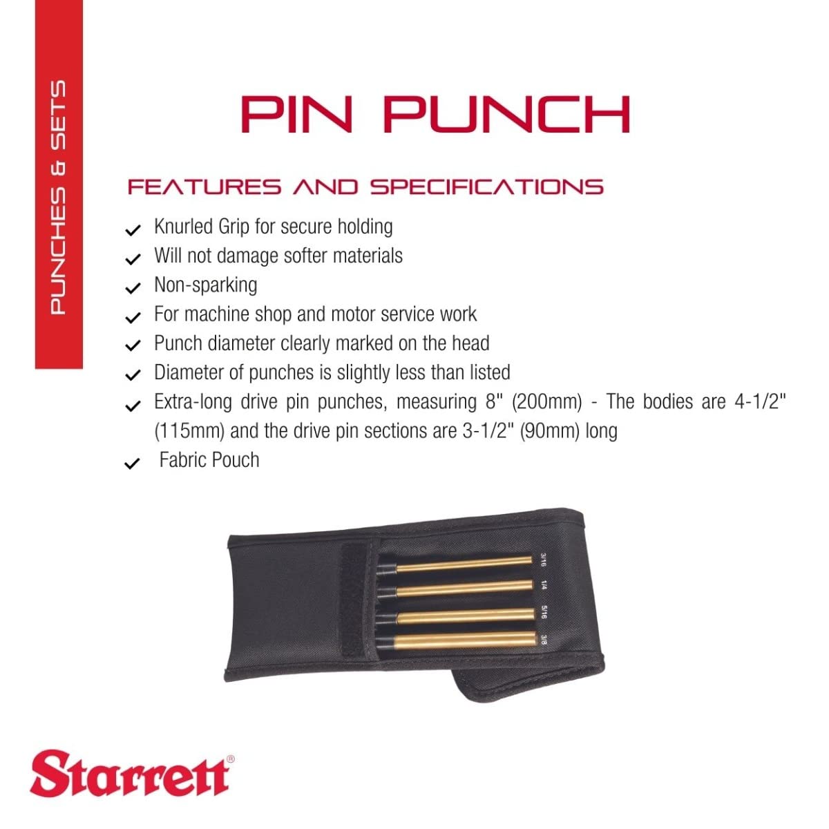 Starrett 엑스트라 롱 황동 드라이브 핀 펀치 세트 너얼드 그립 파우치 2번 사진