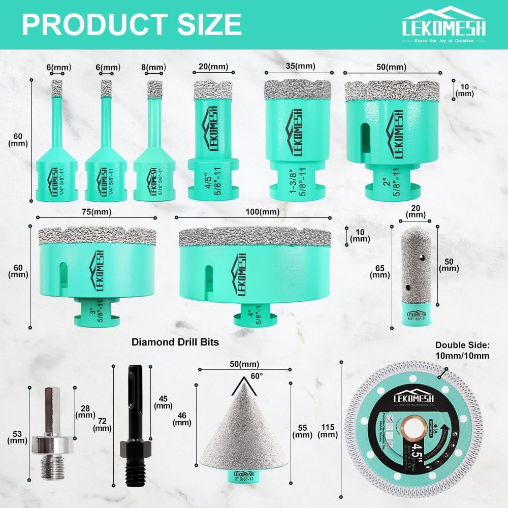 LEKOMESH 타일 홀쏘 키트 6-100mm 13pcs 다이아몬드 자기 타일 석재용 2번 사진
