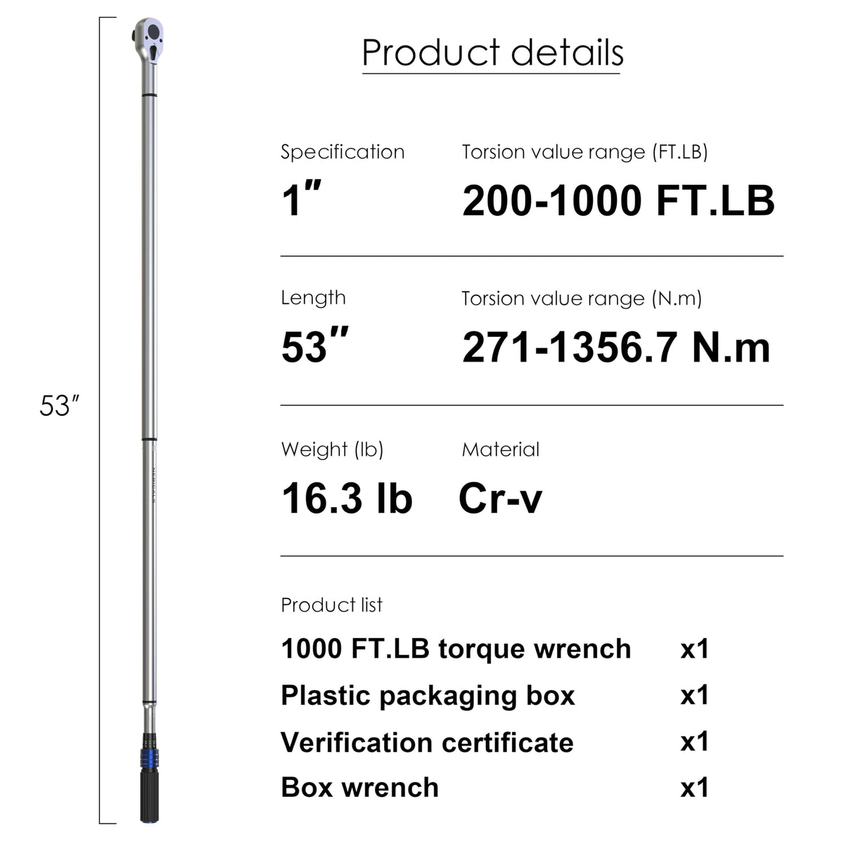 NEBICALS 토크 렌치 3/4'' 100-600 Ft Lb 크롬바나듐 듀얼 방향 헤비듀티 5번 사진
