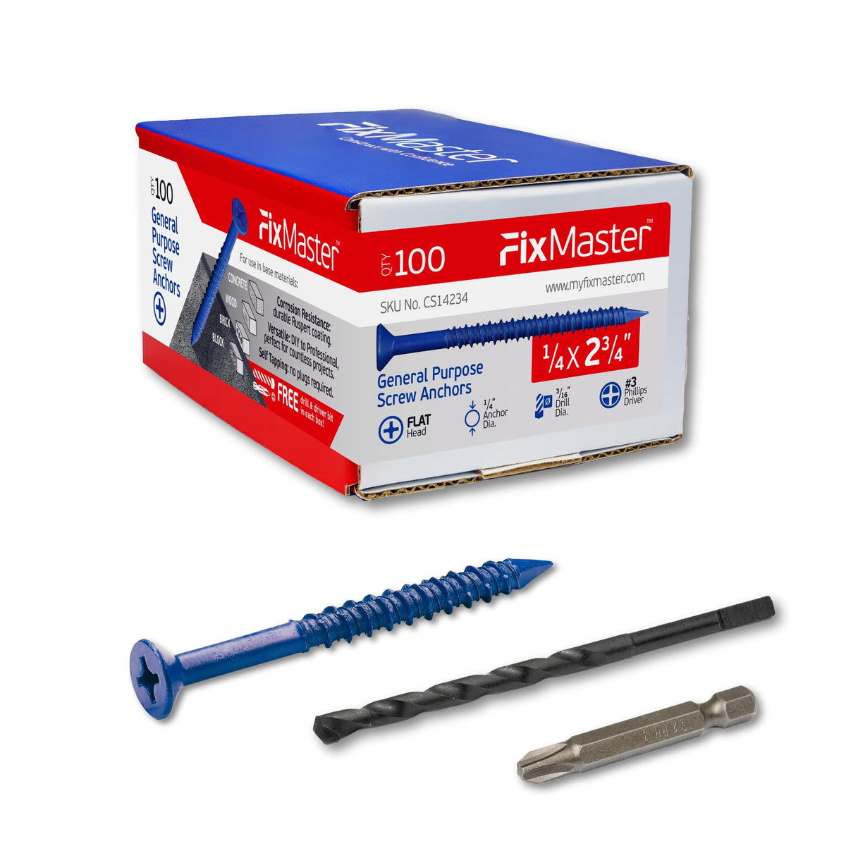 FixMaster 콘크리트 나사 앵커 블루 1/4인치 평머리 십자 100개입 8번 사진