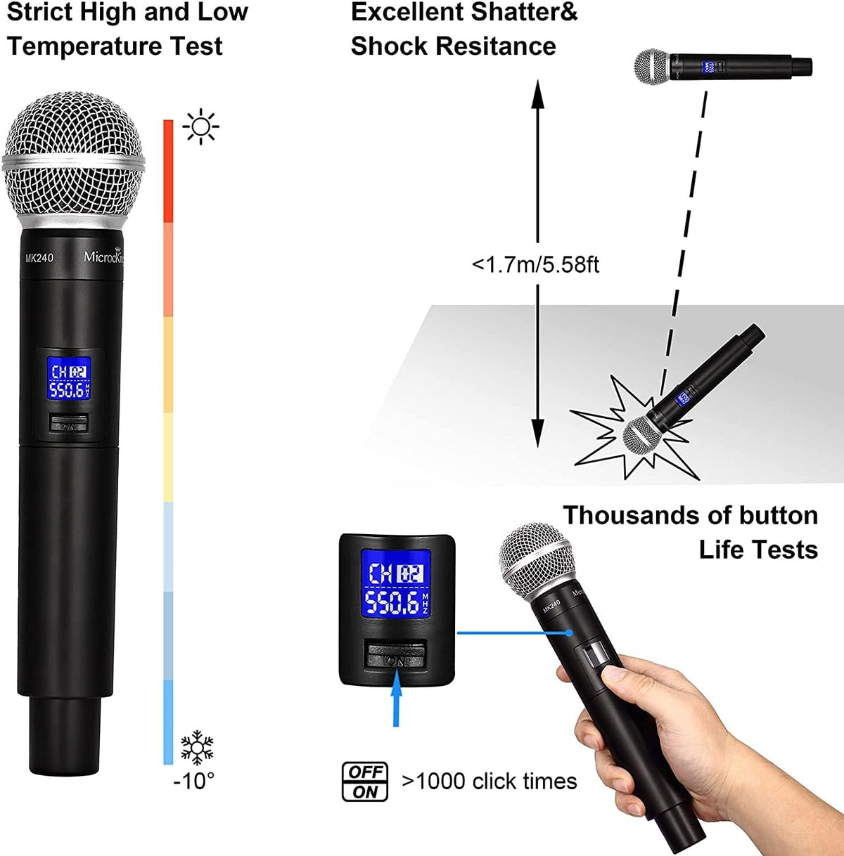 MicrocKing MK240-1 4채널 UHF 무선 마이크 시스템 4개 핸드헬드 마이크 세트 400ft 장거리 4번 사진