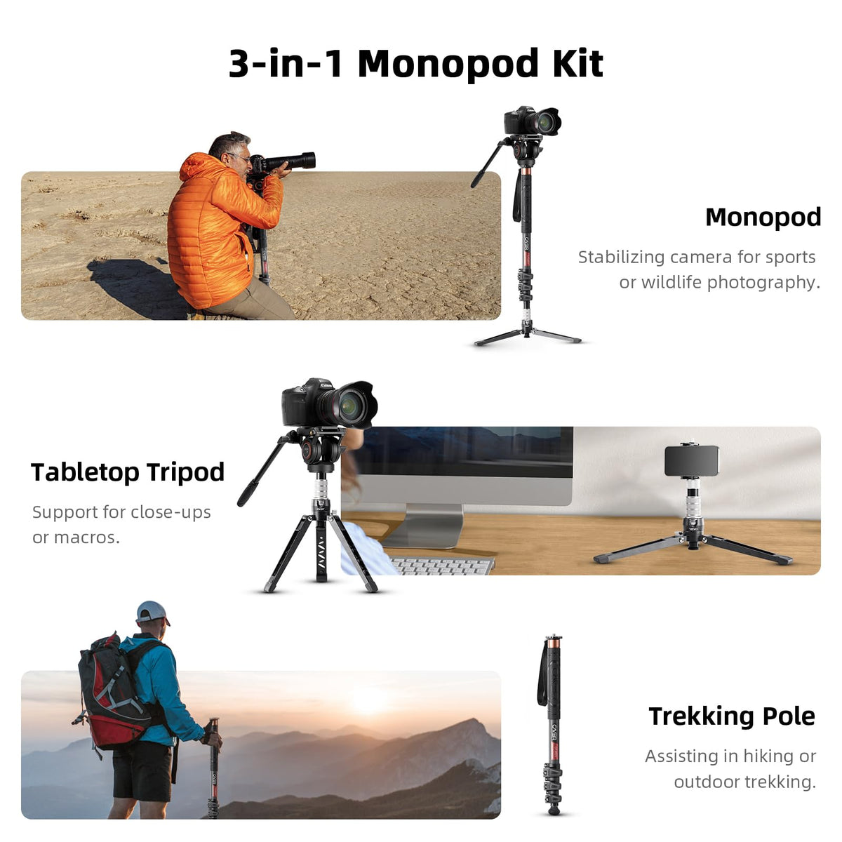 Cayer CF34 카본 파이버 모노포드 72인치 유체 헤드 SV5 접이식 베이스 5번 사진