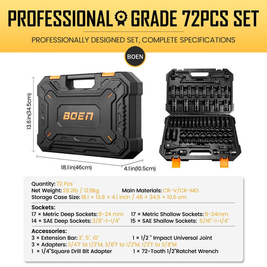 BOEN 1/2" 드라이브 임팩트 소켓 세트 72피스 SAE Metric 2번 사진