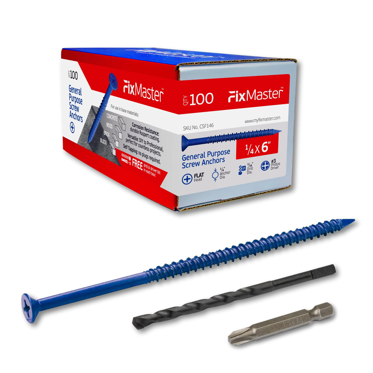 FixMaster 콘크리트 나사 앵커 블루 1/4인치 평머리 십자 100개입 13번 사진