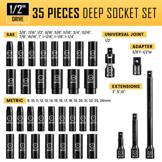 BOEN 1/2인치 드라이브 딥 임팩트 소켓 세트 Cr-V 스틸 6각 35pcs 2번 사진