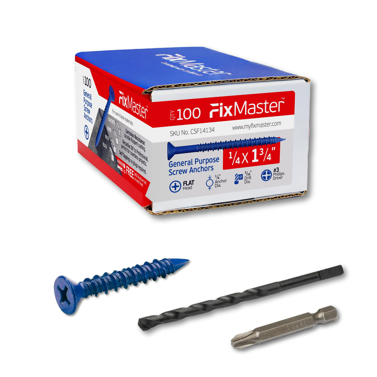 FixMaster 콘크리트 나사 앵커 블루 1/4인치 평머리 십자 100개입 6번 사진