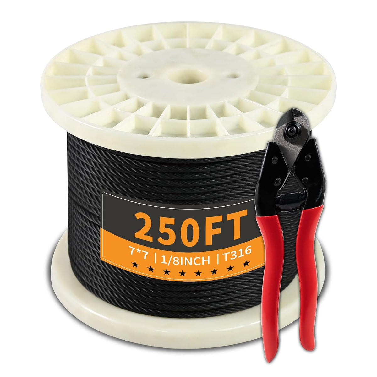 Uyenseoy 1/8인치 T316 스테인리스 와이어 로프 블랙 7x7 250피트 케이블 커터 포함 난간용 1번 사진