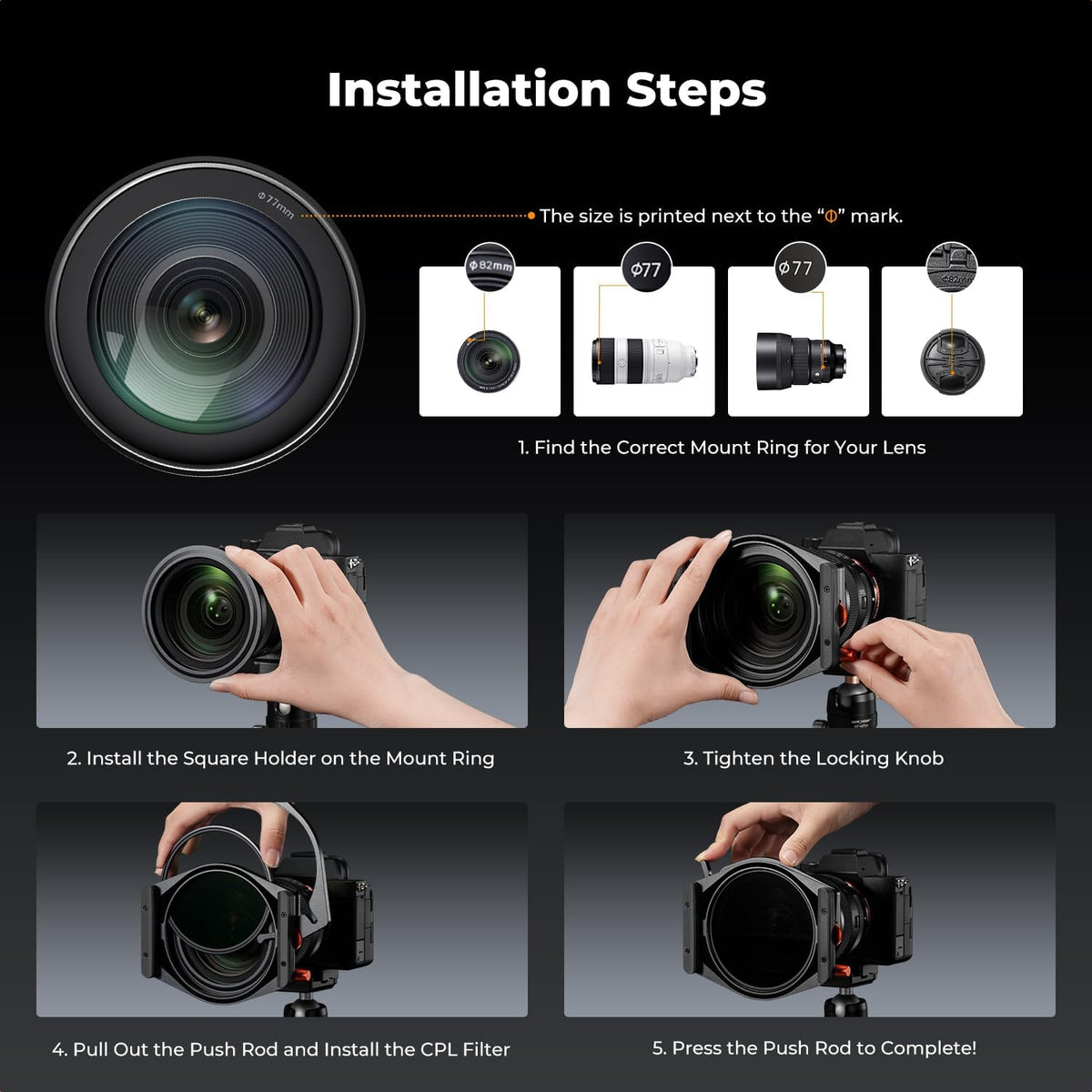 K&F CONCEPT 직각자 필터 홀더 시스템 키트 X PRO 95mm 원형 편광 ND1000 ND8 ND64 카메라 렌즈 필터 어댑터 링 wi 6번 사진