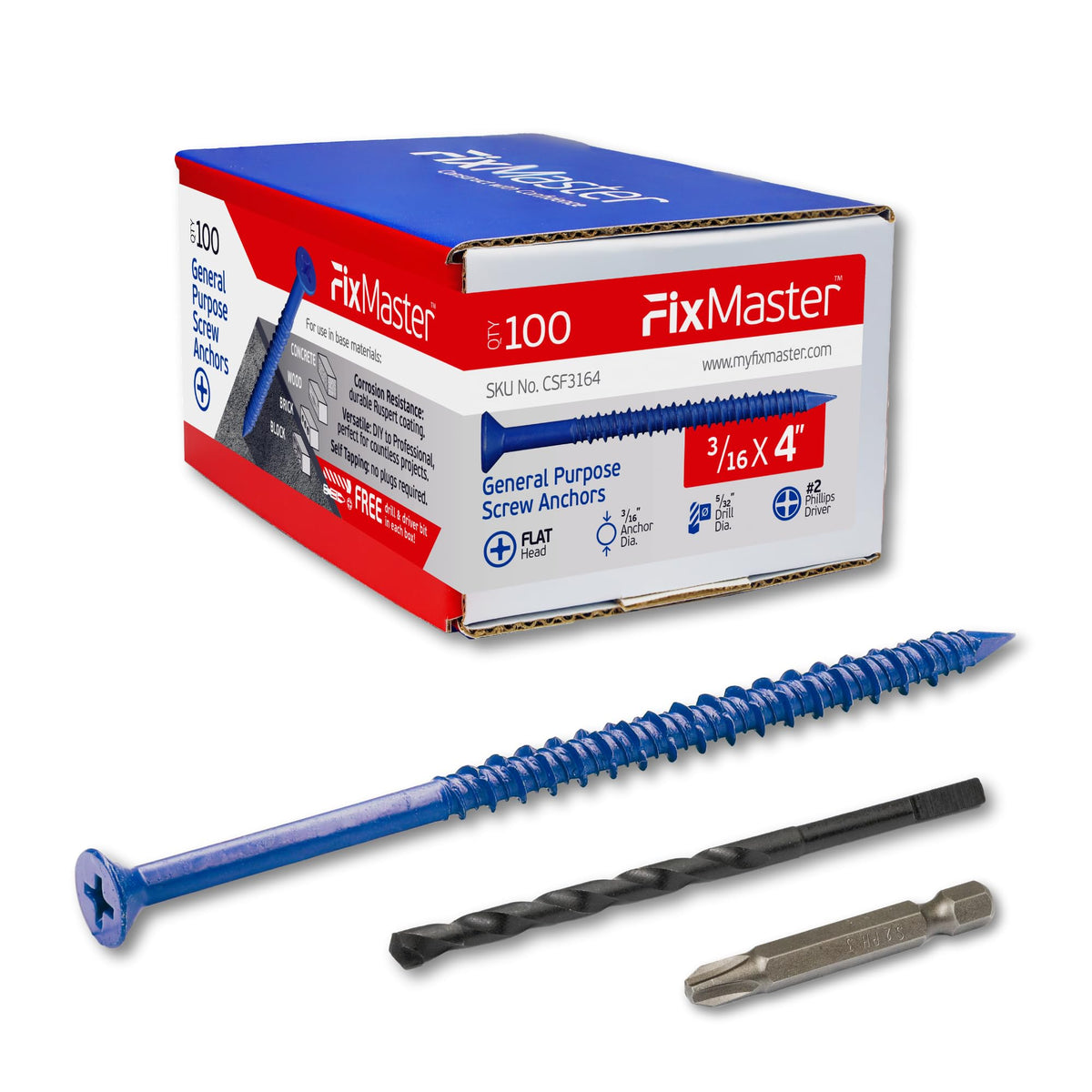 FixMaster 콘크리트 나사 앵커 블루 1/4인치 평머리 십자 100개입 20번 사진