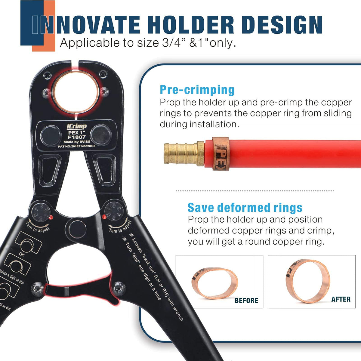IWISS PEX 파이프 압착 공구 키트 3/8 1/2 3/4 1인치 ASTM F1807 구리링 5번 사진
