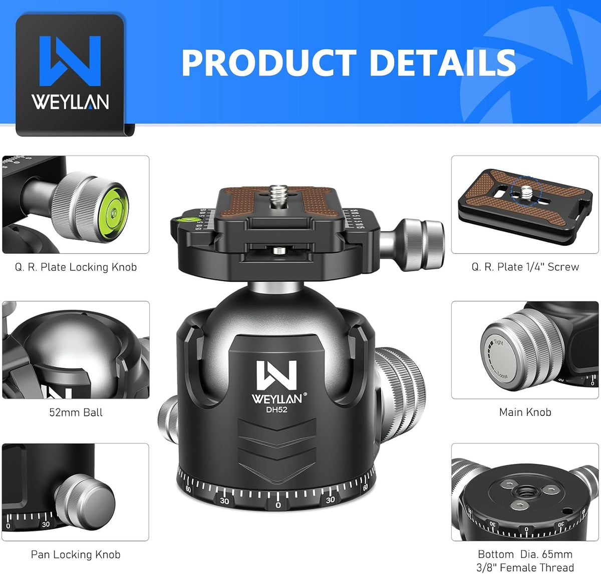 WEYLLAN DH52 Low Profile Ball Head 52mm 삼각대 헤드 66lbs 30kg 2번 사진