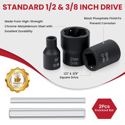 QIFITOOL 볼트 익스트랙터 세트 1/2" 3/8" 드라이브 22개 세트 손상 너트 볼트 제거 공구 4번 사진