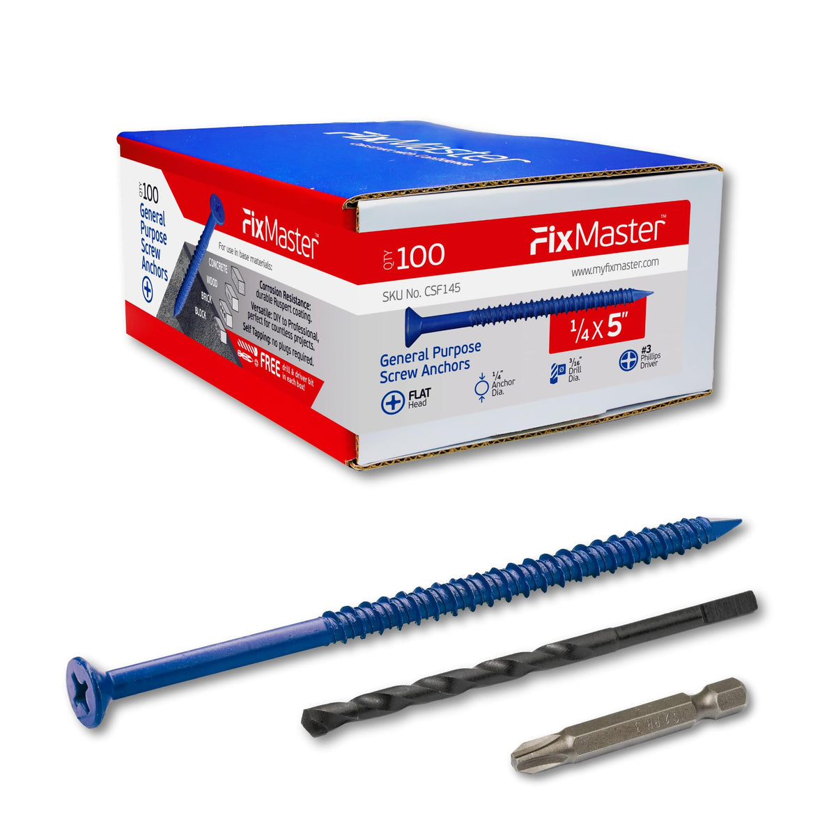 FixMaster 콘크리트 나사 앵커 블루 1/4인치 평머리 십자 100개입 12번 사진