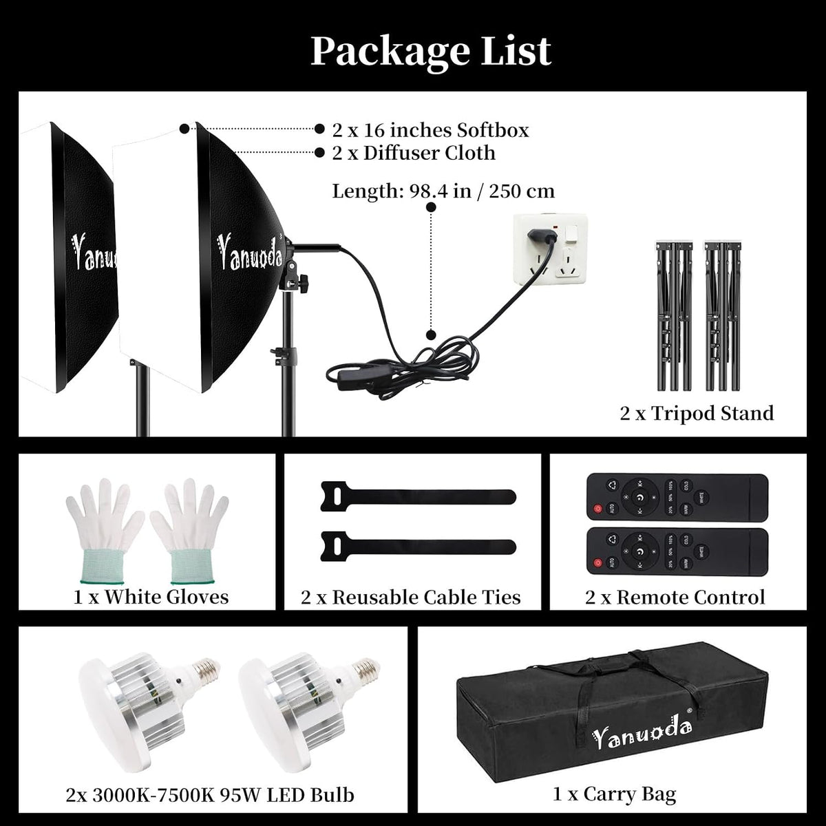 Yanuoda 16인치 소프트박스 조명 키트 2Pack 삼각대 리모컨 포함 95W LED 3000K-7500K 8번 사진