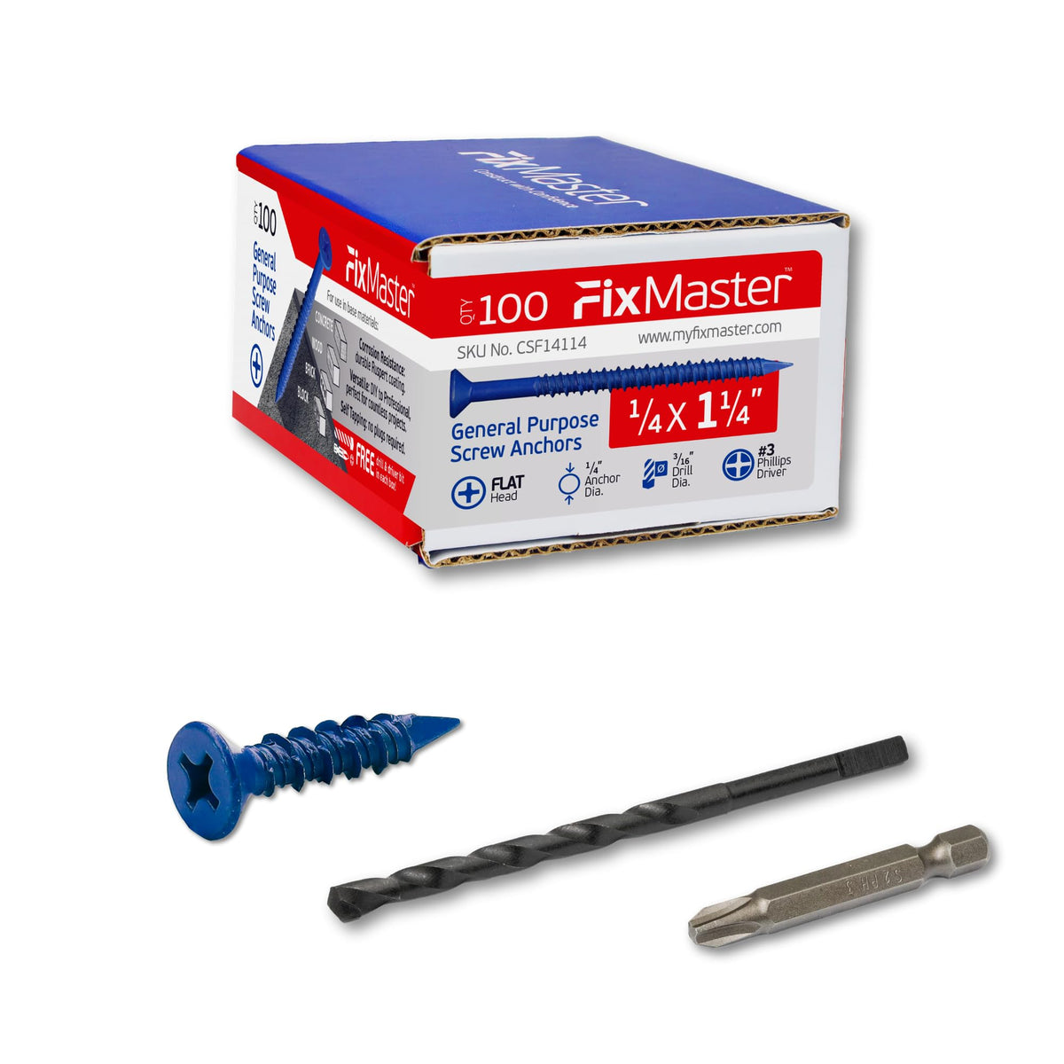 FixMaster 콘크리트 나사 앵커 블루 1/4인치 평머리 십자 100개입 5번 사진