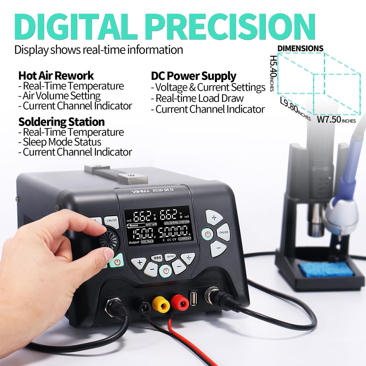 YIHUA 853D 5A-II 3 in 1 납땜 열풍 리워크 스테이션 DC 전원공급기 30V 5A 3번 사진