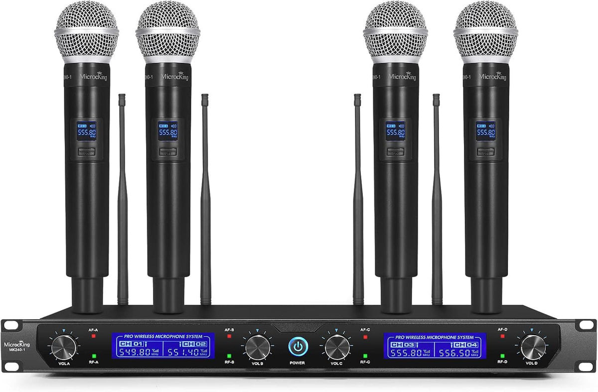 MicrocKing MK240-1 4채널 UHF 무선 마이크 시스템 4개 핸드헬드 마이크 세트 400ft 장거리 1번 사진