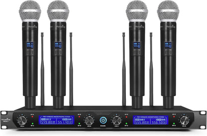 MicrocKing MK240-1 4채널 UHF 무선 마이크 시스템 4개 핸드헬드 마이크 세트 400ft 장거리 1번 사진