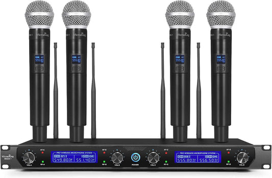 MicrocKing MK240-1 4채널 UHF 무선 마이크 시스템 4개 핸드헬드 마이크 세트 400ft 장거리 1번 사진