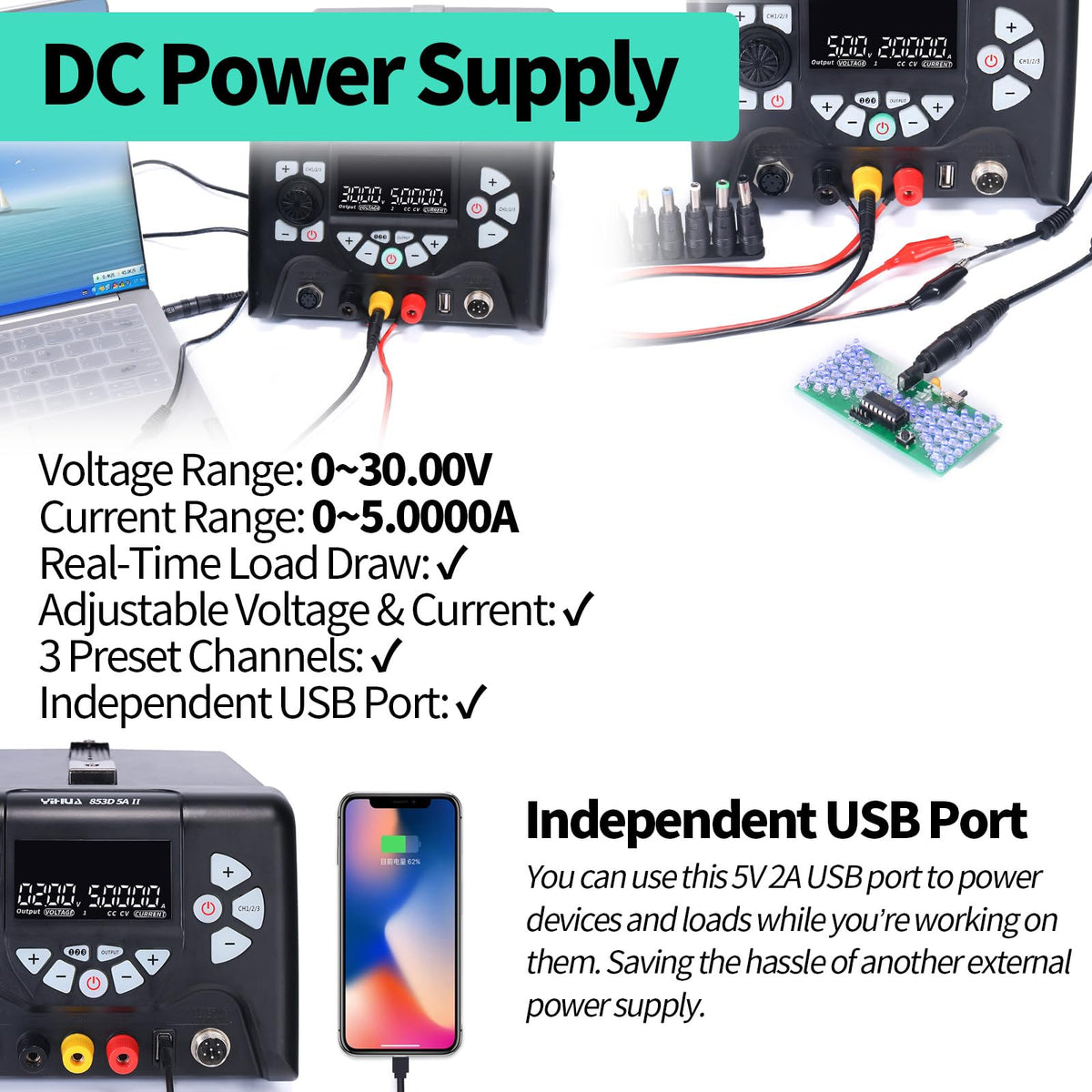 YIHUA 853D 5A-II 3 in 1 납땜 열풍 리워크 스테이션 DC 전원공급기 30V 5A 6번 사진