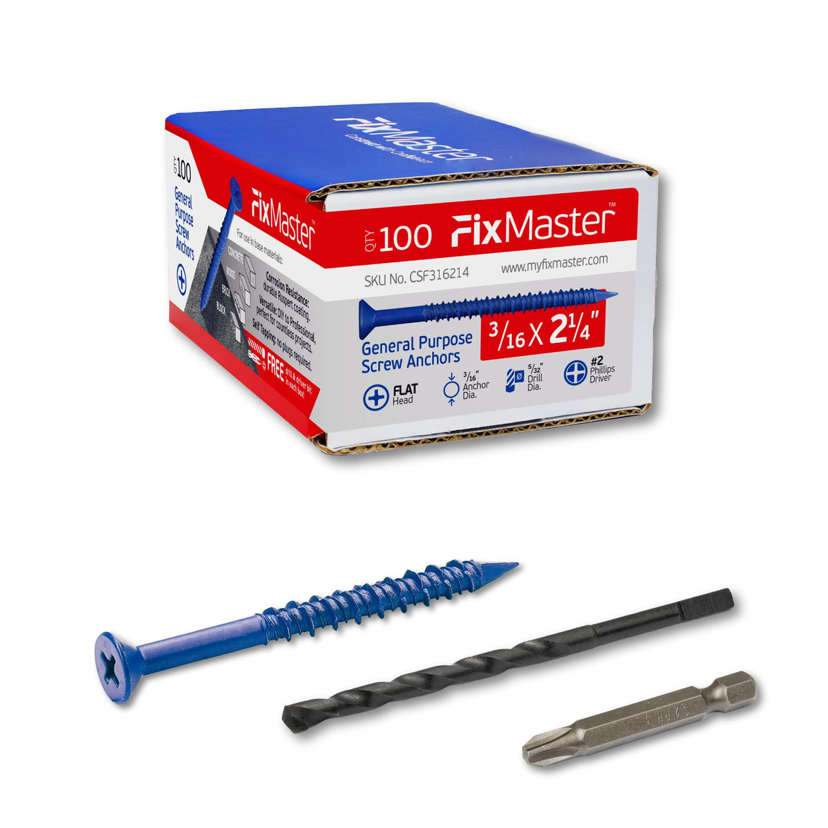 FixMaster 콘크리트 나사 앵커 블루 1/4인치 평머리 십자 100개입 16번 사진