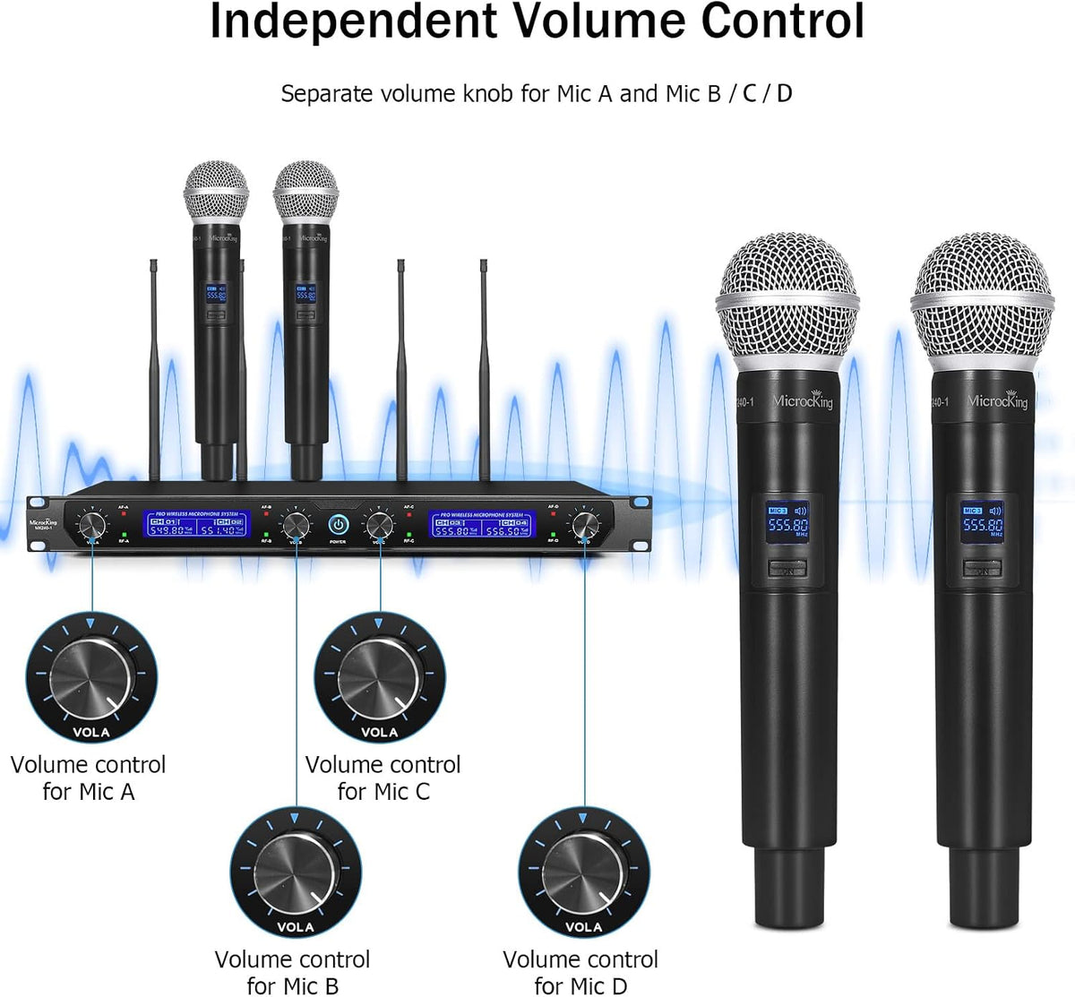 MicrocKing MK240-1 4채널 UHF 무선 마이크 시스템 4개 핸드헬드 마이크 세트 400ft 장거리 3번 사진