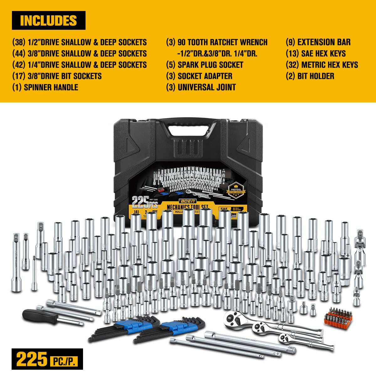 boen 정비공구세트 225PCS 1/4인치 3/8인치 1/2인치 드라이브 소켓 렌치 세트 90톱니 래칫 3번 사진