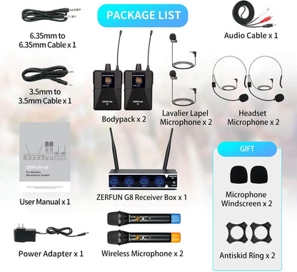 ZERFUN G8 4채널 무선 마이크 시스템 핸드헬드 2개 바디팩 2개 헤드셋 마이크 2개 라펠 마이크 포함 7번 사진
