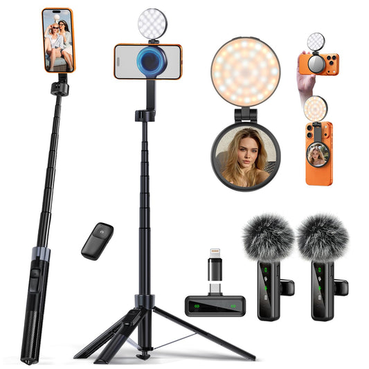yAyusi 3-in-1 마그네틱 브이로그 키트 아이폰·안드로이드용 71인치 셀카봉 조명 마이크 삼각대 1번 사진
