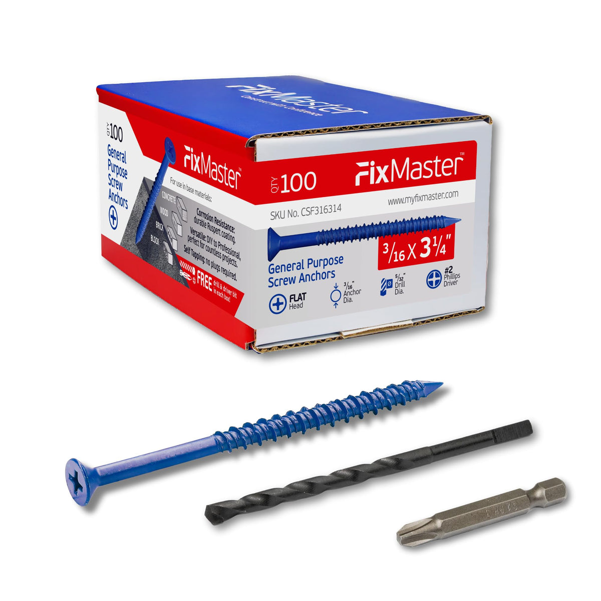 FixMaster 콘크리트 나사 앵커 블루 1/4인치 평머리 십자 100개입 18번 사진