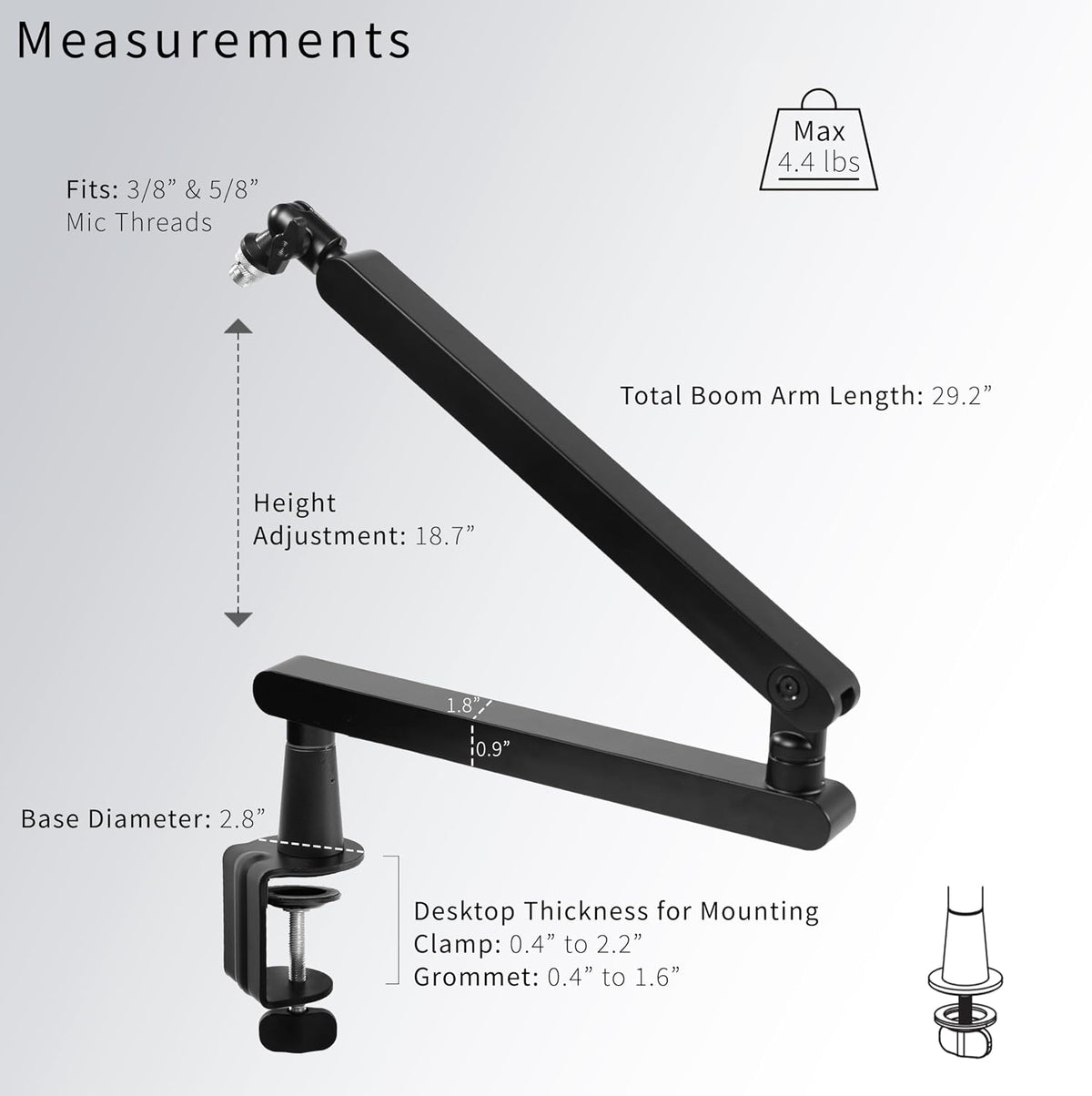 VIVO 마이크 붐 스탠드 STAND-MIC03L 데스크 클램프 5.6cm 두께 2kg 하중 3번 사진