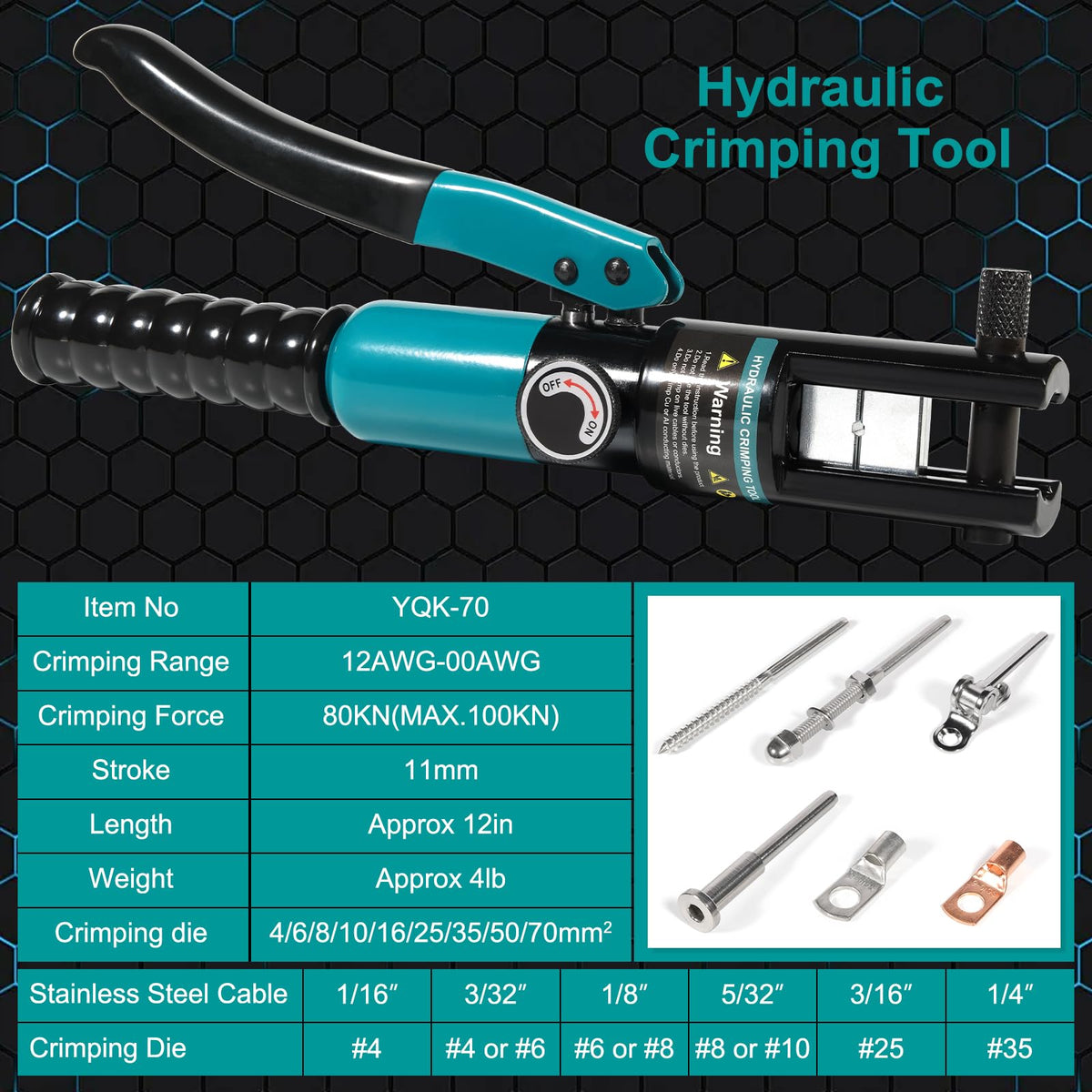 Brileine 유압 압착 공구 12 AWG-2/0 AWG 육각 다이 9개 배터리 케이블 압착기 18번 사진